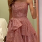 Shiny Pink Strapless A-Line High-Low Party Dress Birthday Gowns, DP3745