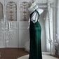 Elegant Emerald Green Halter-Neck Ruched Maxi Prom Dress Satin Evening Gown with High Slit DP8137