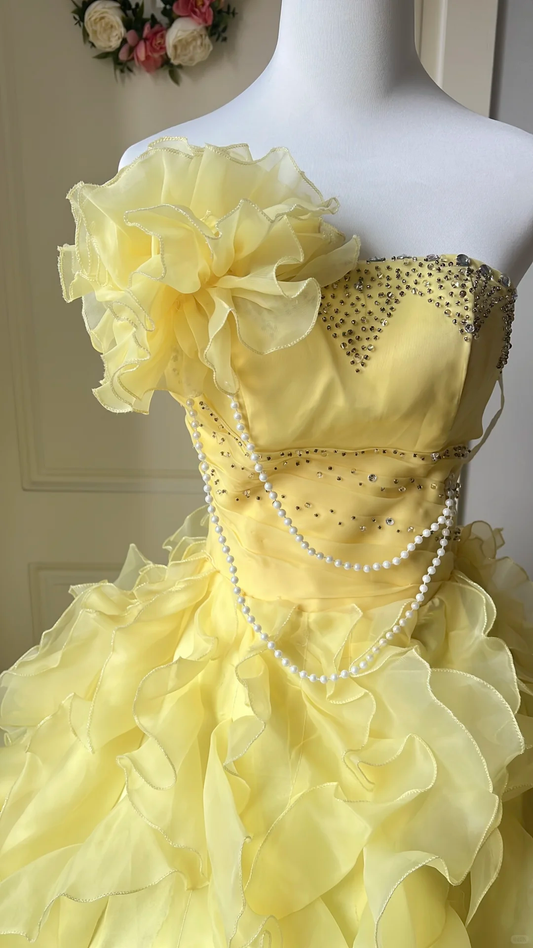 Vintage Soft Yellow Organza 3D Flower Ruffle Beaded Sweet 16 Quinceanera Ball Gown DP7363