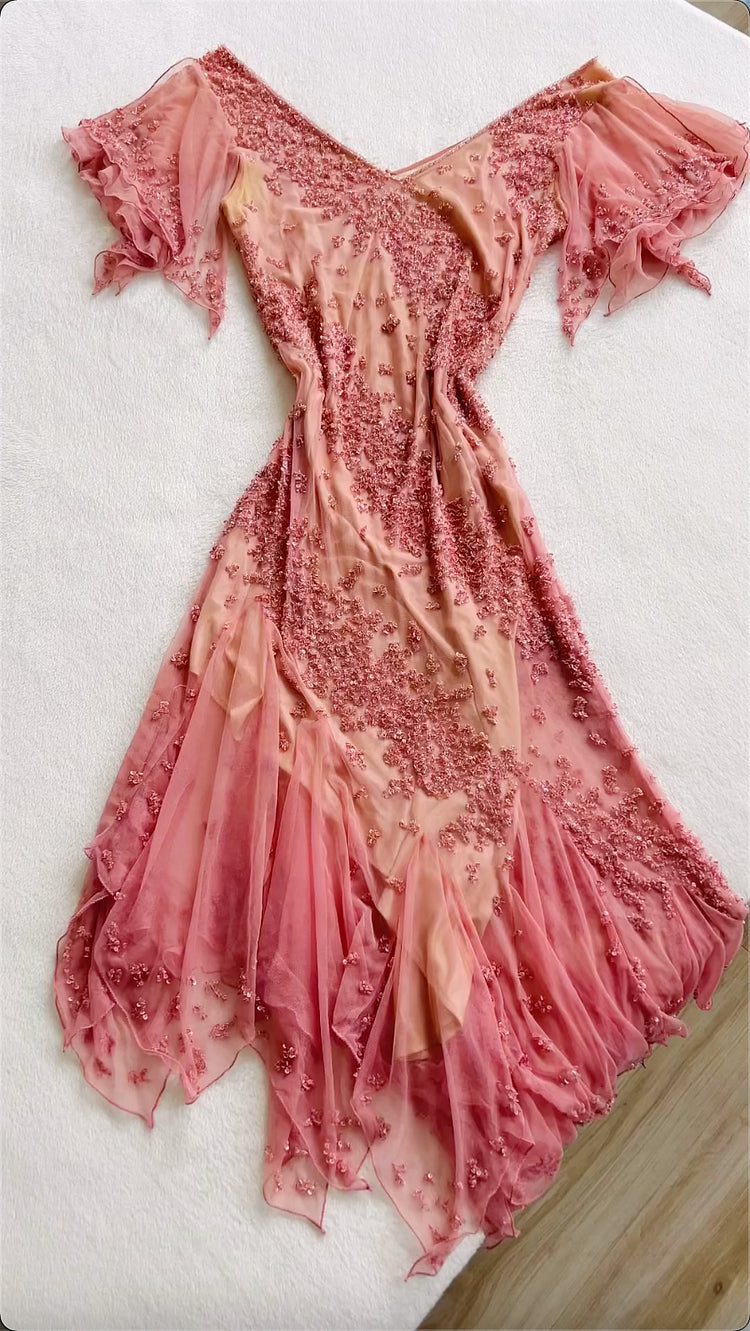 Vintage Rosa Chiffon Pailletten Ballkleid Etuikleid Off-the-Shoulder Abendkleid Langes Abendkleid DP6667