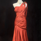 Glamorous Rust Red One-Shoulder Mermaid Evening Gown Satin Ruched Formal Dress with Elegant Train Prom Dress DP7286