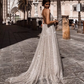 Shiny Glitter Deep V-Neck Tulle Prom Dress A-Line Spaghetti Straps Evening Dress DP8145