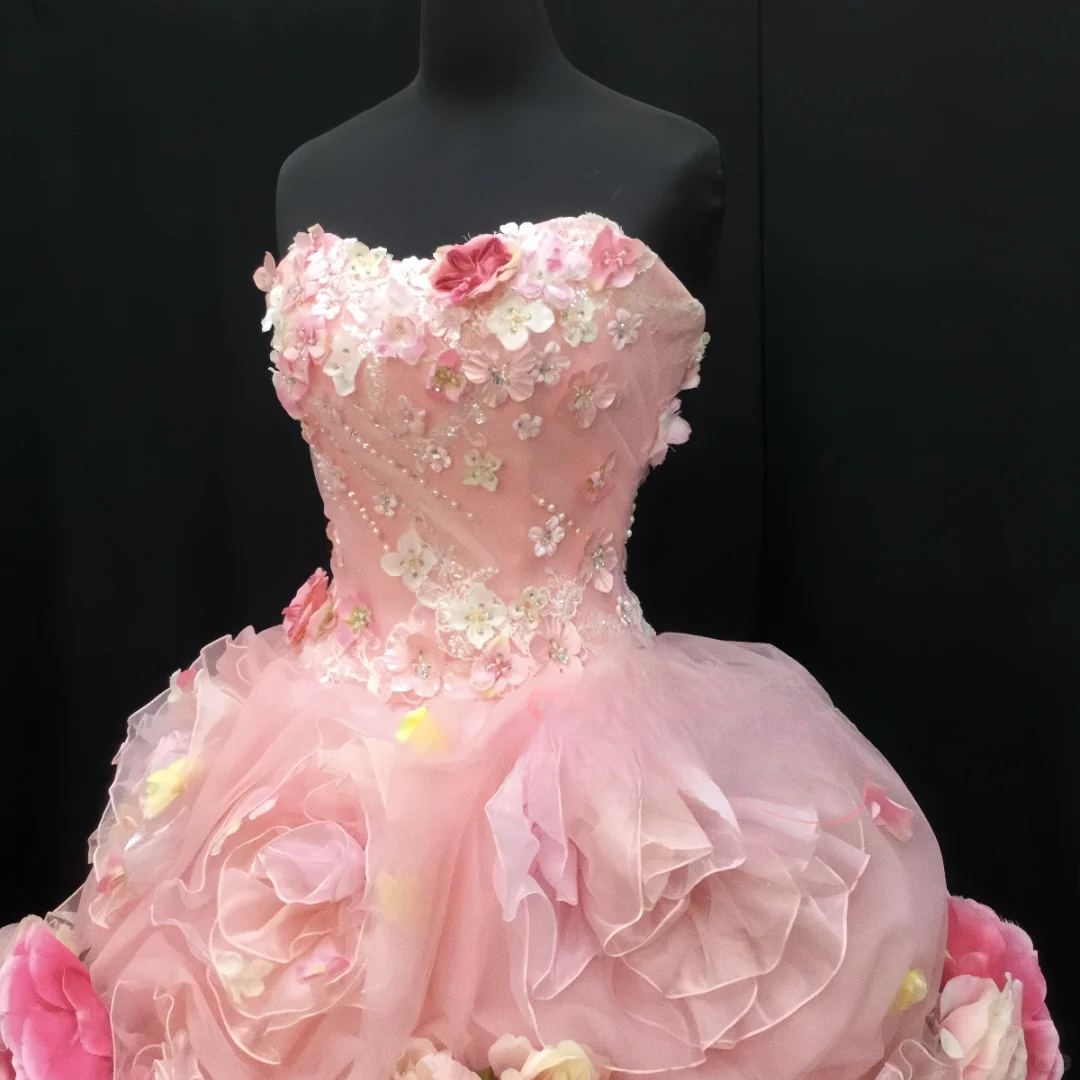 Romantic Pink Strapless 3D Floral Applique & Layered Tulle Sweet 16 Quinceanera Ball Gown DP7278