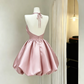 Vintage Pink Satin Halter Neck Mini A-Line Homecoming Dress DP8549