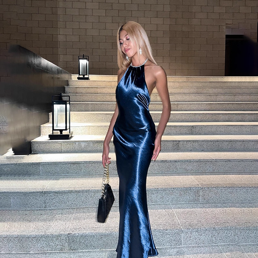 Elegant Shiny Satin Prom Dress Halter-neck Evening Gown Sheath Party Dress Long Formal Dress DP6809