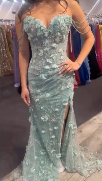 Elegant Sage Green 3D Floral Appliques Prom Dress Sweetheart Mermaid Off-the-shoulder Evening Gown DP7915