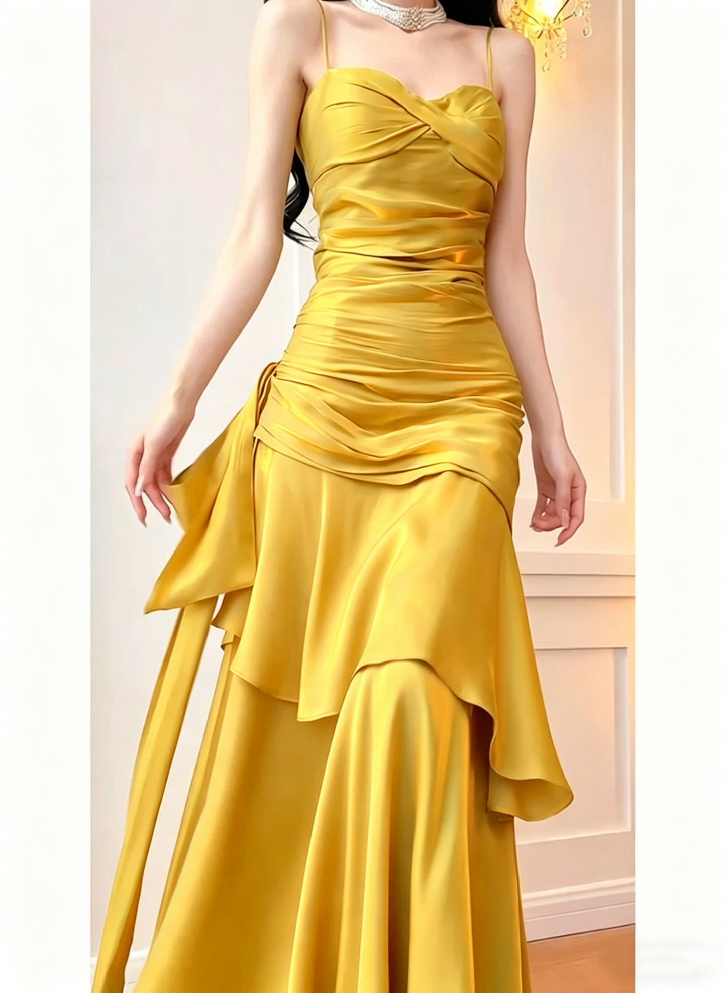 Gorgeous Spaghetti Strap Ruched Satin Mermaid Evening Gown Ruffle Formal Prom Dress DP2931