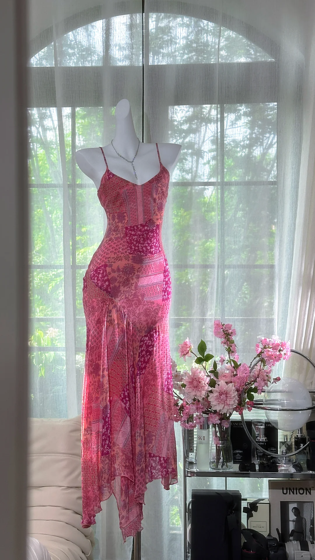 Retro Pink V-neck Floral Elegant Chiffon Evening Dress Prom Dresses DP6146