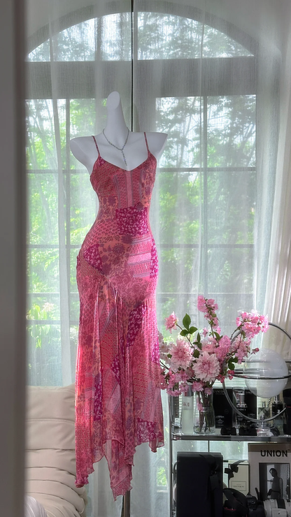 Retro Pink V-neck Floral Elegant Chiffon Evening Dress Prom Dresses DP6146