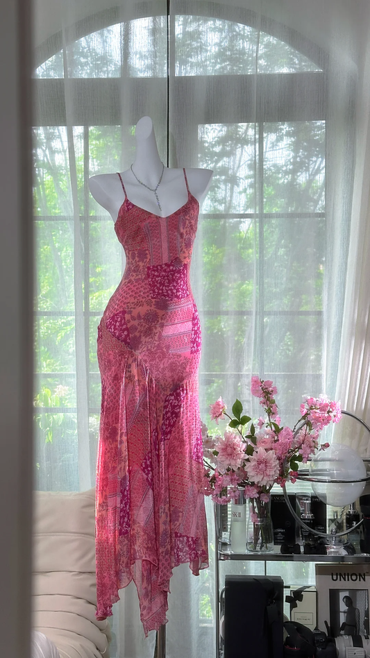 Retro Pink V-neck Floral Elegant Chiffon Evening Dress Prom Dresses DP6146