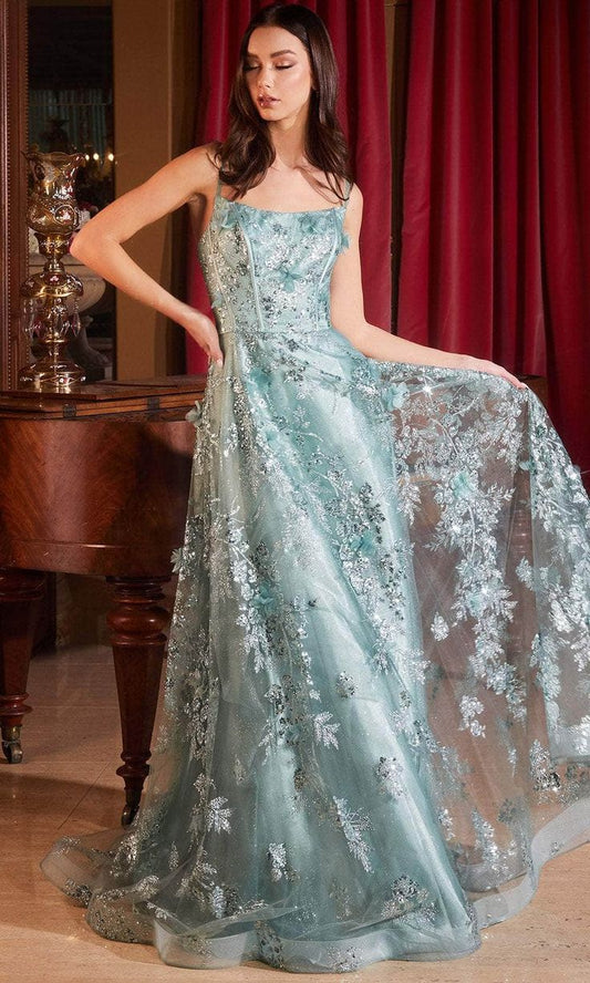 Glamorous Spaghetti Strap Tulle A-Line Prom Dress 3D Floral Lace Applique Glitter Formal Evening Gown DP8205