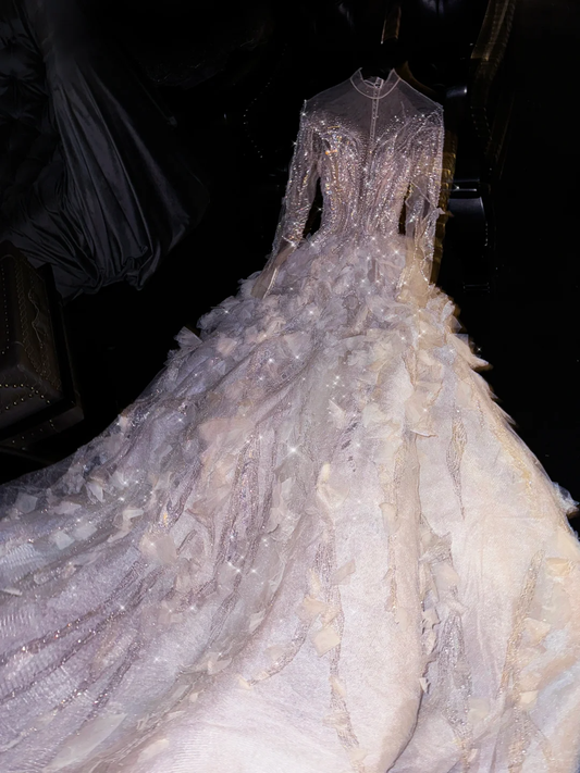 Robe de mariée glamour en tulle à sequins champagne, perles et fleurs 3D, manches longues, DP7329