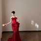Vintage Red Satin Strapless Mermaid Evening Dress 3D Floral Appliques & Ruffled Prom Dress DP8309