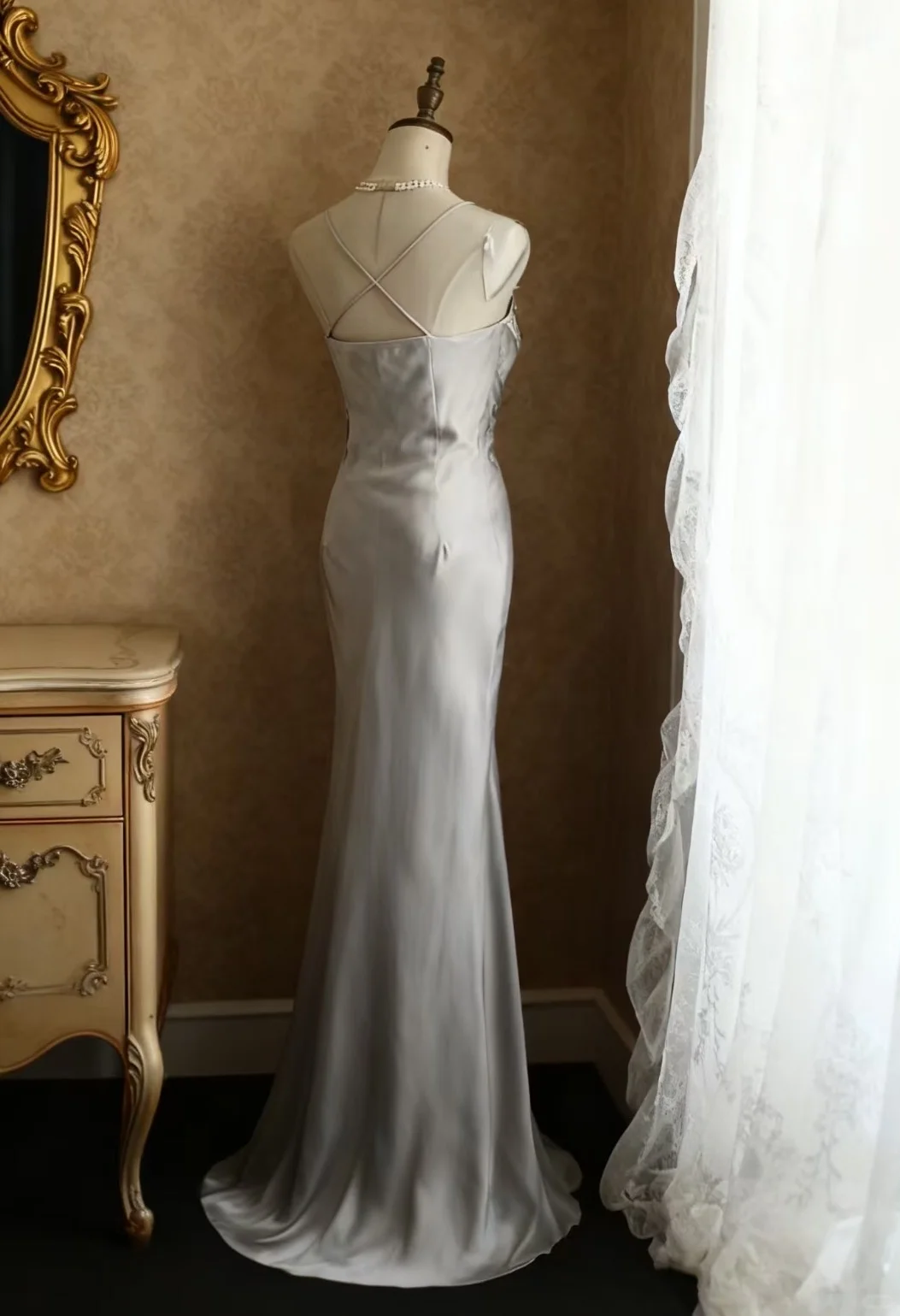 Glamorous Gray Satin Spaghetti Strap Ruched Bodice Embellished Waist & Mermaid Prom Dress DP7652