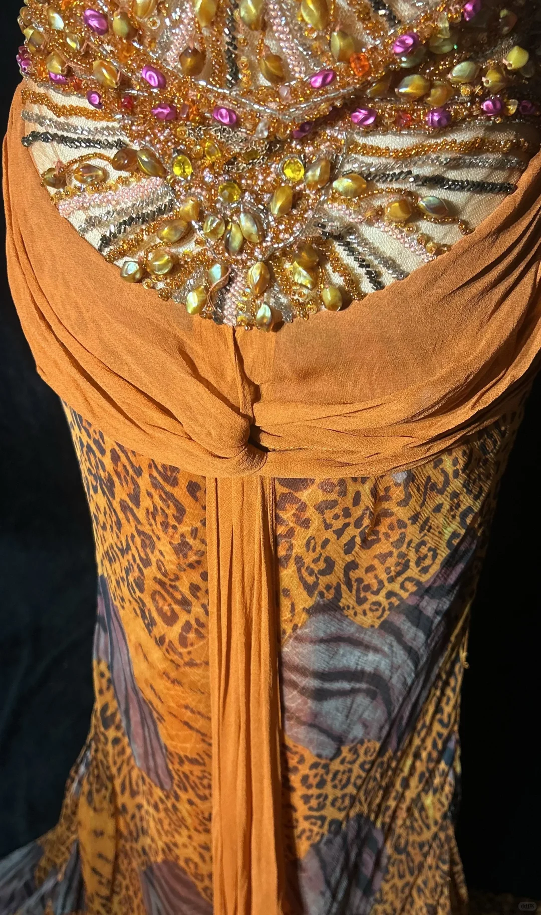 Vintage-Inspired Orange Spaghetti Strap Beaded Embellishment & Leopard Print Prom Dress DP7282