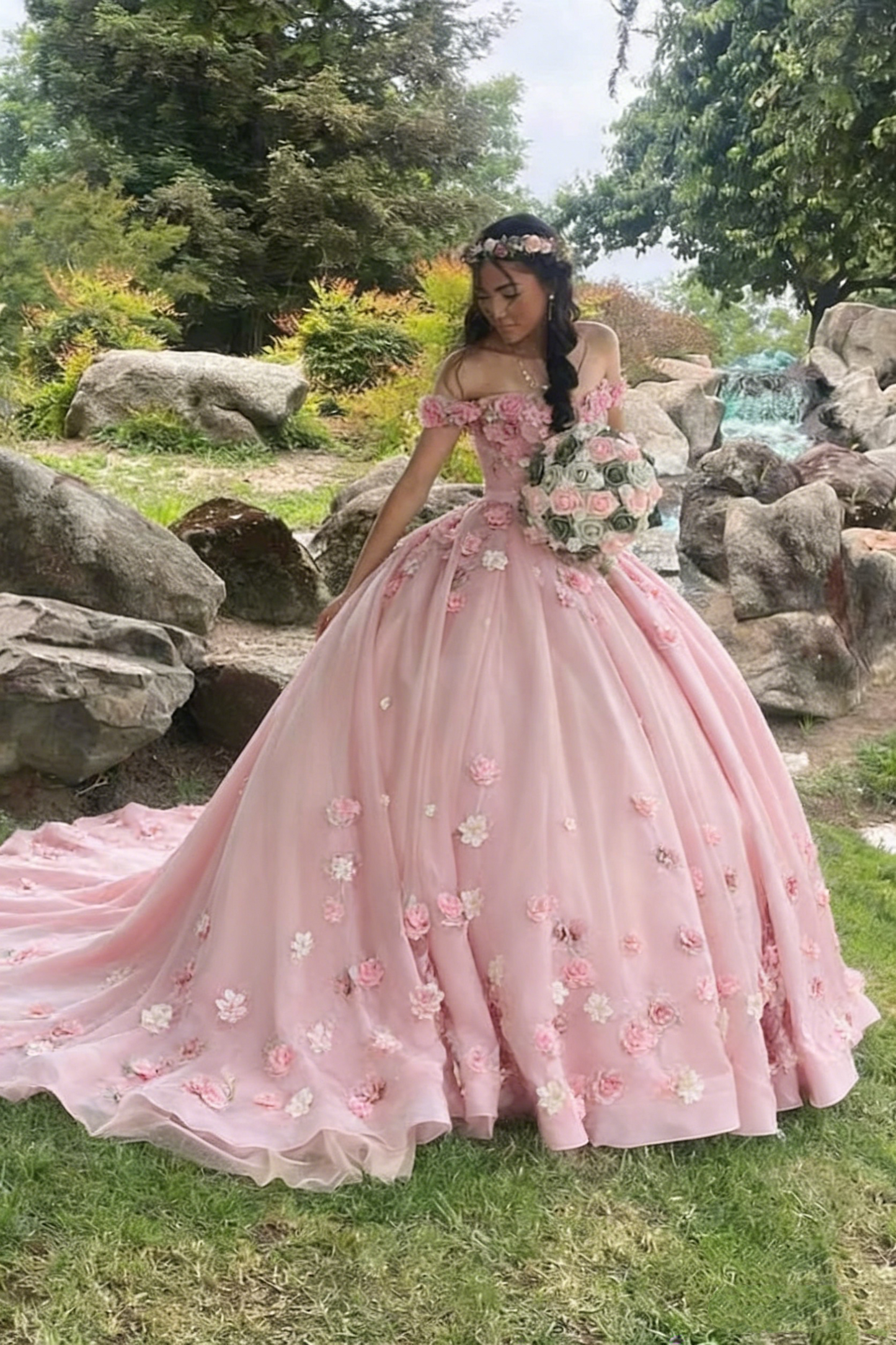 Elegant Sage Green Applique Off-the-Shoulder Sweet 16 Quinceanera A-Line Floor-length Prom Dress Birthday Dress Evening Dress Ball Gown DP6513