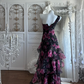 Vintage Floral Print One-Shoulder Tiered Chiffon Evening Gown DP8292