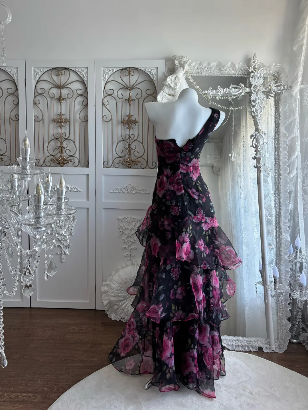 Vintage Floral Print One-Shoulder Tiered Chiffon Evening Gown DP8292