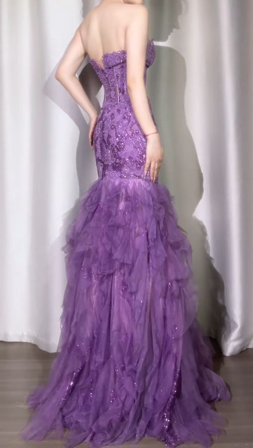 Glamorous Purple Tulle Ruffled Mermaid Evening Gown DP7984