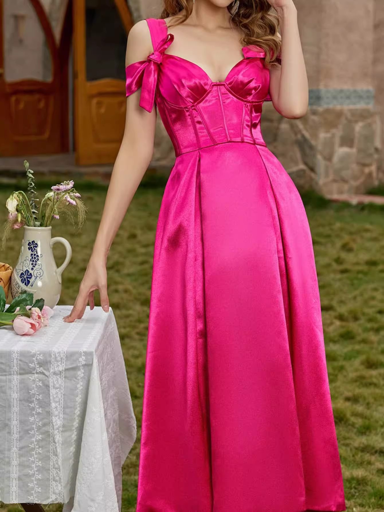 Vintage-Inspired Hot Pink Satin A-Line Sweetheart Evening Dress DP8070