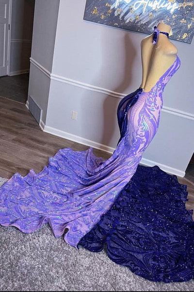Wunderschönes lila Neckholder-Ballkleid mit glitzernden Perlen, Abendkleid im Meerjungfrau-Stil, langes Abendkleid, DP6821