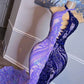 Superbe robe de bal violette dos nu, robe de soirée sirène scintillante à perles, robe longue de soirée formelle DP6821