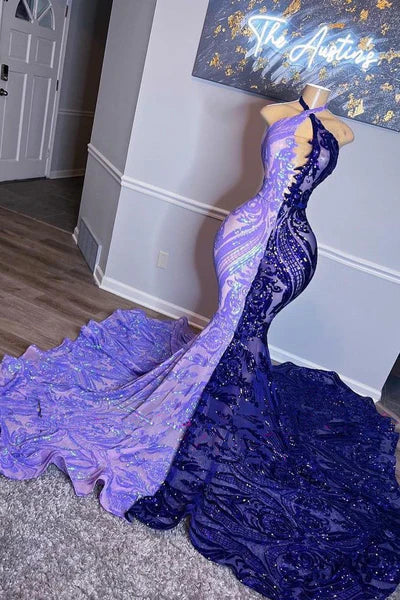 Wunderschönes lila Neckholder-Ballkleid mit glitzernden Perlen, Abendkleid im Meerjungfrau-Stil, langes Abendkleid, DP6821