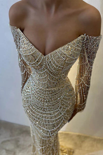 Vintage Champagne Prom Dress Glittering Beaded Sequin Evening Off-the-shoulder Party Dress Long Formal Dress DP6838