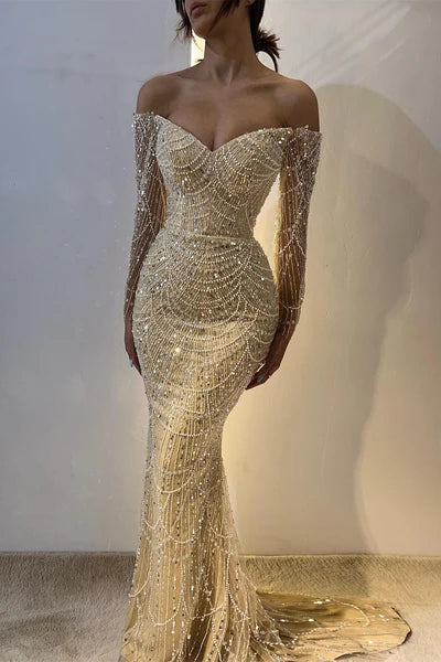 Vintage Champagne Prom Dress Glittering Beaded Sequin Evening Off-the-shoulder Party Dress Long Formal Dress DP6838