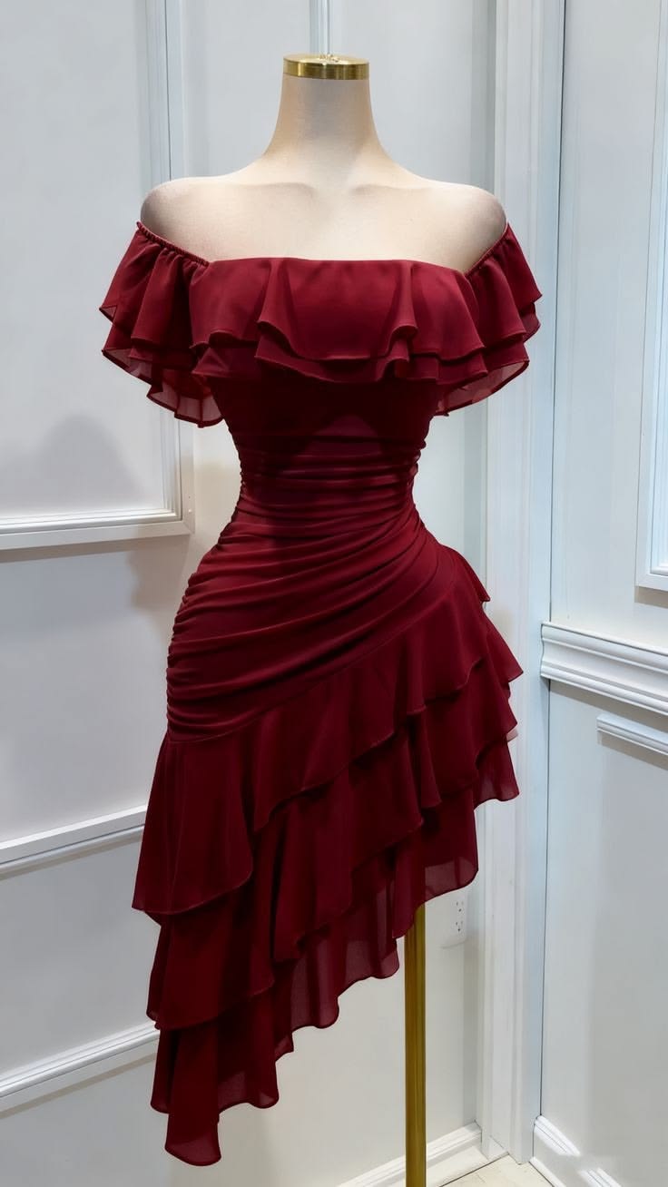 Vintage Burgundy Off-the-Shoulder Ruffle Chiffon Ruched Asymmetrical Tiered Homecoming Dress DP8674