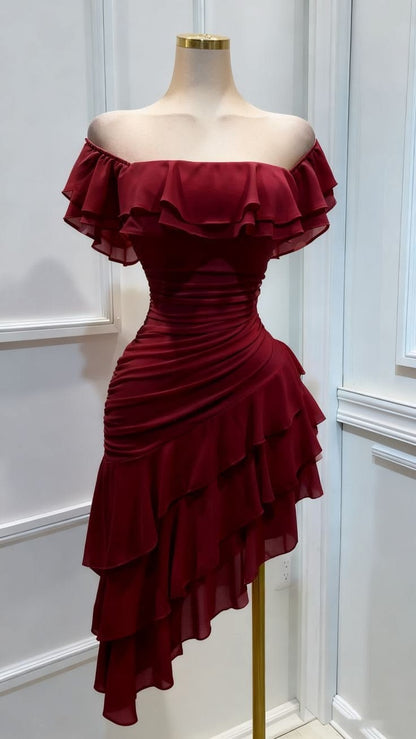 Vintage Burgundy Off-the-Shoulder Ruffle Chiffon Ruched Asymmetrical Tiered Homecoming Dress DP8674