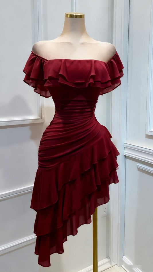 Vintage Burgundy Off-the-Shoulder Ruffle Chiffon Ruched Asymmetrical Tiered Homecoming Dress DP8674