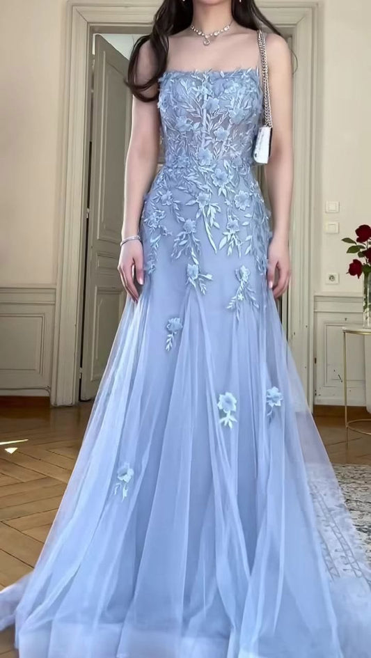 Glamorous Spaghetti Strap Tulle A-Line Prom Dress 3D Floral Lace Applique Formal Evening Gown DP8201