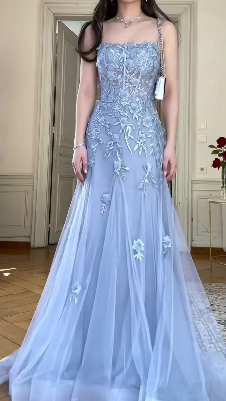 Glamorous Spaghetti Strap Tulle A-Line Prom Dress 3D Floral Lace Applique Formal Evening Gown DP8201