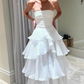 Elegant White Strapless Pleated A-Line Chiffon Long Party Dress, DP2257
