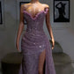 Glamorous Lavender Beaded Evening Dress with Trailing Train & Ruched Bodice DP8028