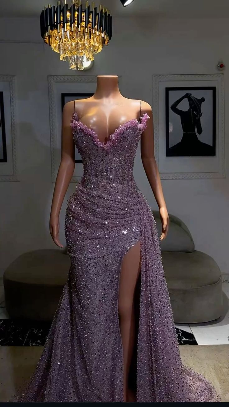 Glamorous Lavender Beaded Evening Dress with Trailing Train & Ruched Bodice DP8028