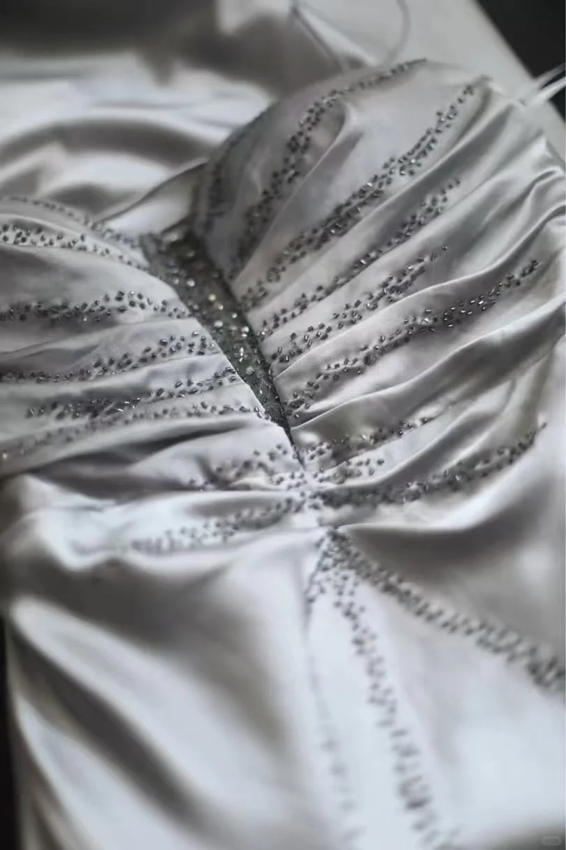 Glamorous Gray Satin Spaghetti Strap Ruched Bodice Embellished Waist & Mermaid Prom Dress DP7652