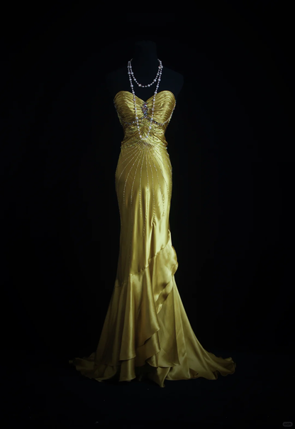 Glamorous Golden Yellow Satin Mermaid Strapless Sweetheart Beaded Formal Evening Gown DP7371