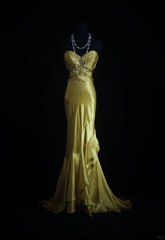 Glamorous Golden Yellow Satin Mermaid Strapless Sweetheart Beaded Formal Evening Gown DP7371