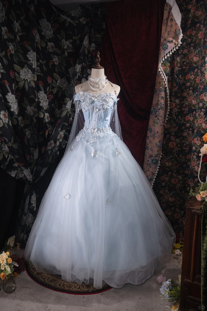 Romantic Light Blue Tulle Off-Shoulder Lace Butterfly Sweet 16 Quinceanera Ball Gown DP7405
