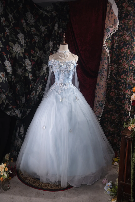 Romantic Light Blue Tulle Off-Shoulder Lace Butterfly Sweet 16 Quinceanera Ball Gown DP7405