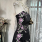 Vintage Black Floral Strapless Design Elegant Sheath Satin Long Evening Dress Prom Dresses DP6210