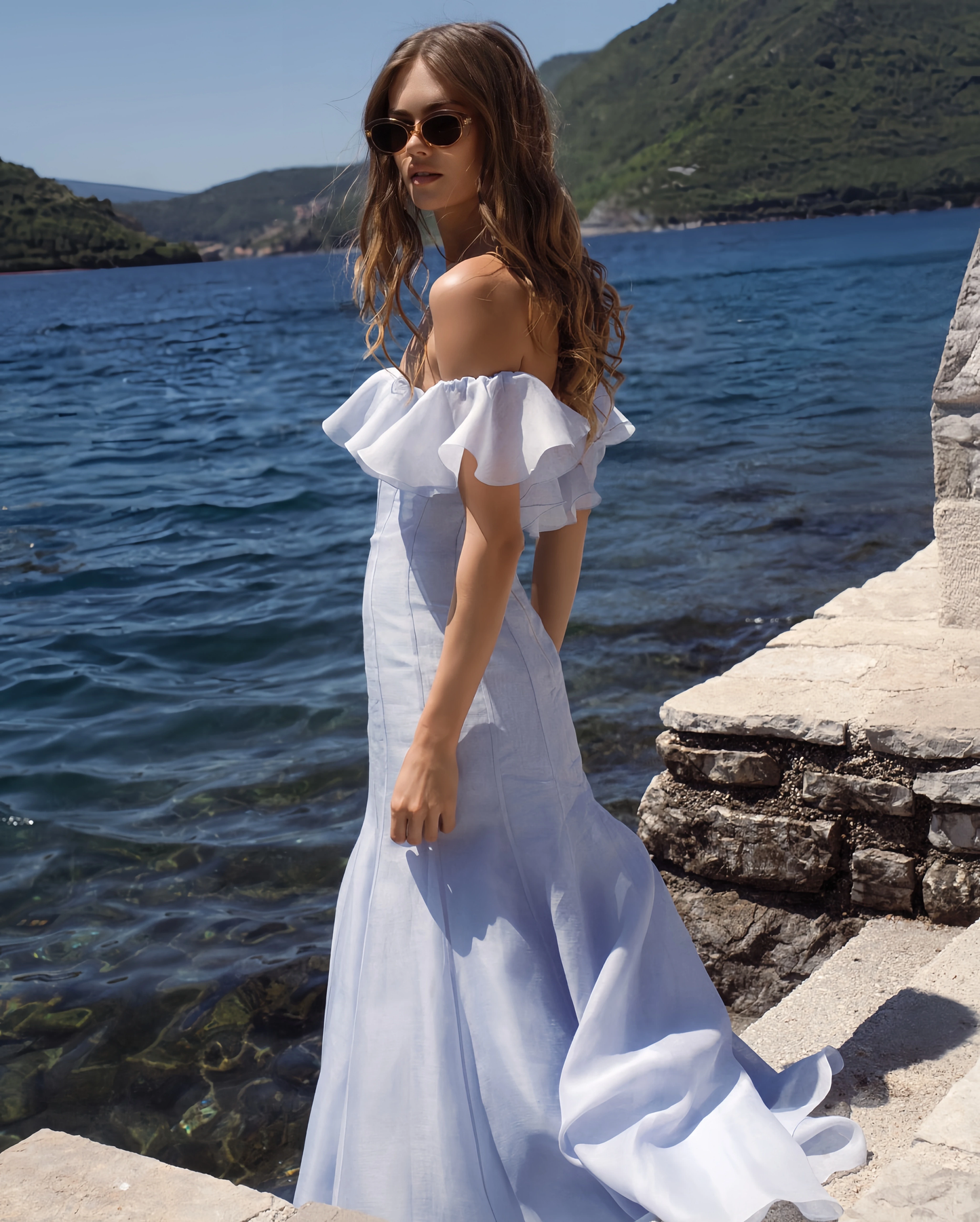 Elegant White Ruffles Prom Dress Off-the-shoulder Evening Gown Party Dress Long Formal Dress DP6796