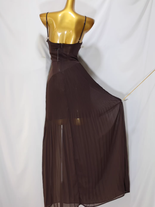 Elegant Sheer Mesh Spaghetti Strap Maxi Dress Sleeveless Pleated Evening Gown DP8240