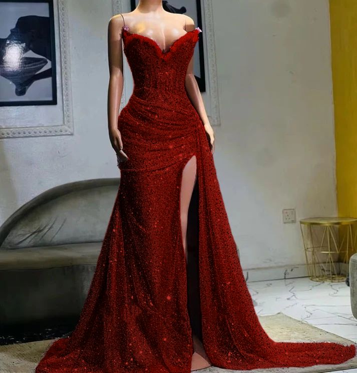 Glamorous Lavender Beaded Evening Dress with Trailing Train & Ruched Bodice DP8028
