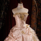 Elegant Pink Strapless Ruffled Tiered Gold Beaded Embroidery Sweet 16 Quinceanera Ball Gown DP7411
