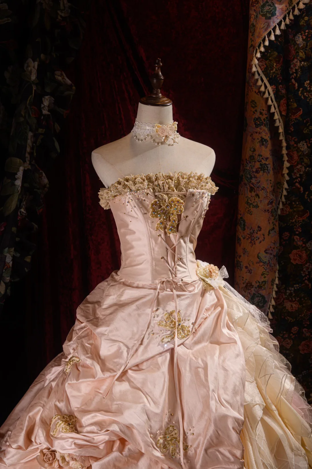 Elegant Pink Strapless Ruffled Tiered Gold Beaded Embroidery Sweet 16 Quinceanera Ball Gown DP7411