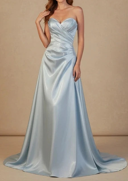 Elegant Light Blue Satin Prom Dress Strapless Sweetheart Ruched A-Line  Evening Party Dress DP8194