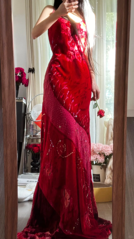 Vintage Red Sparkling Sequin Spaghetti Strap Design Elegant Chiffon Evening Dress Prom Dresses DP5995
